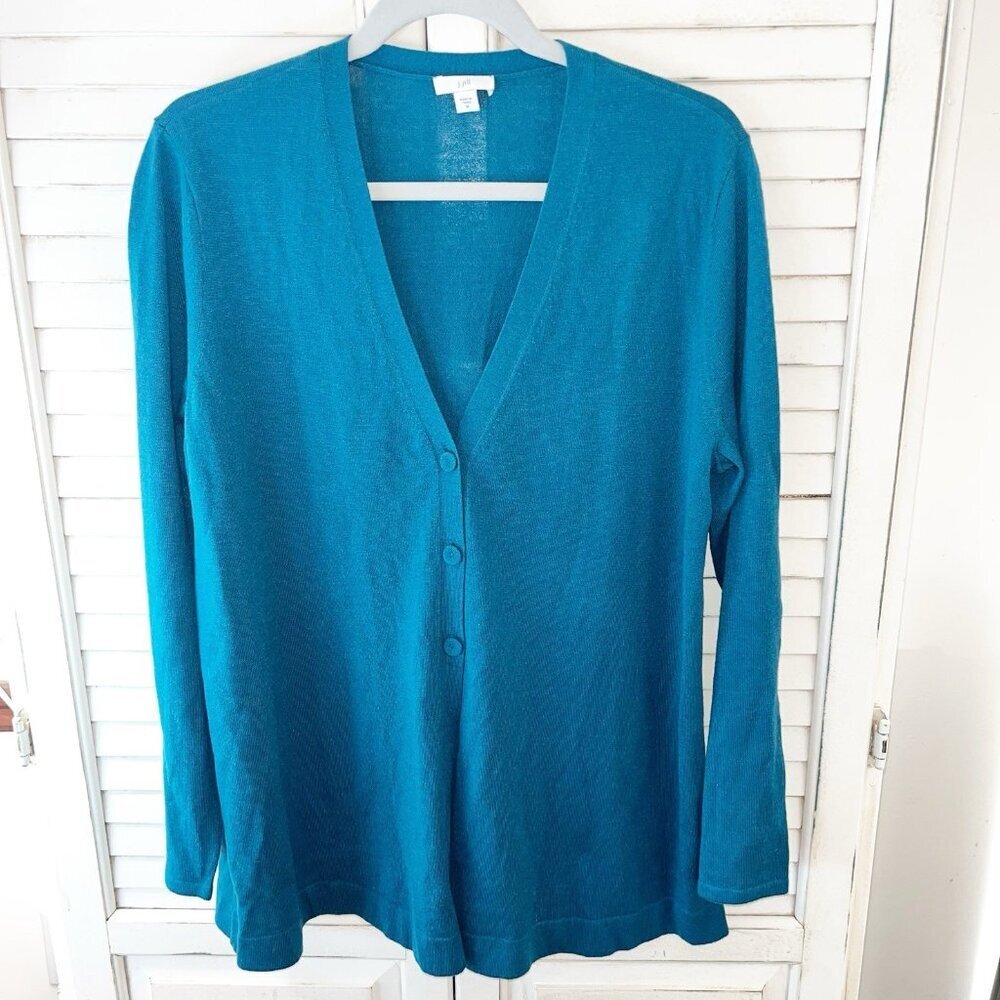 J. Jill Cardigan Sweater Women's Longline Long Sleeve Turquoise Wool Blend Med